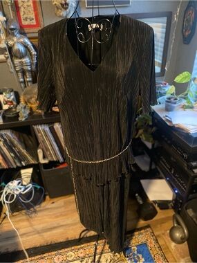 Dress Barn Black Asymmetrical Pleated V-Neck Dress with Chain Belt